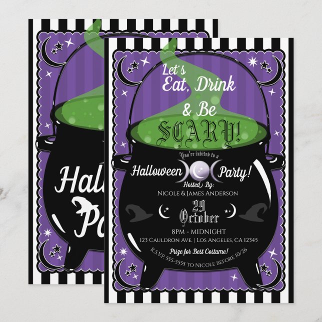 Invitación Caldero Burbujeante Bruja Caprichosa Fiesta de Hal (Anverso / Reverso)