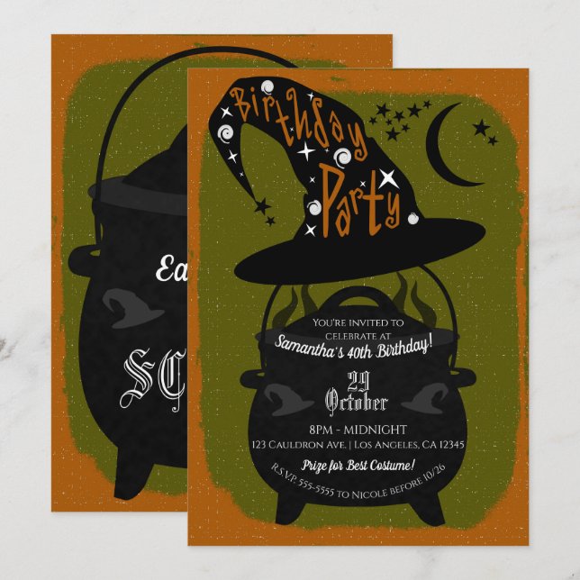 Invitación Caldero de Bruja Antiguo Fiesta de Cumpleaños de H (Anverso / Reverso)