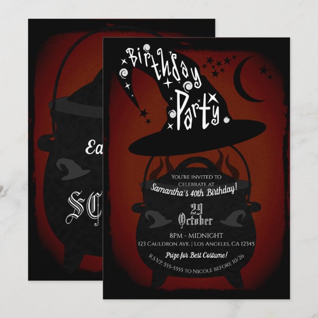 Invitación Caldero de Bruja Antiguo Fiesta de Cumpleaños de H (Anverso / Reverso)
