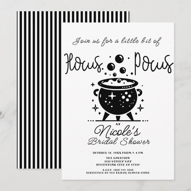 Invitación Caldero de Bruja Blanco Negro Fiesta de Despedida  (Anverso / Reverso)