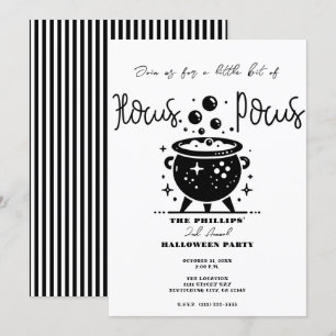 Invitación Caldero de Bruja Blanco y Negro Fiesta de Hallowee