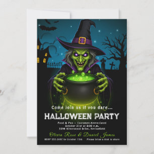Invitación Caldero de bruja en cementerio embrujado Halloween