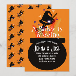 Invitación Caldero de Bruja Espeluznante Baby Shower Naranja