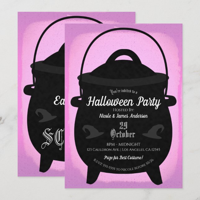 Invitación Caldero de Bruja Negra Fiesta de Halloween Rosa (Anverso / Reverso)