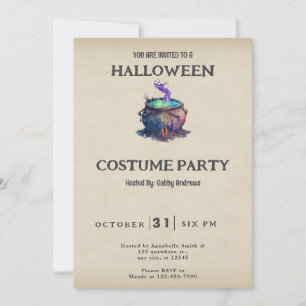 Invitación Caldero de Brujas Verde y Morado Vintage Halloween