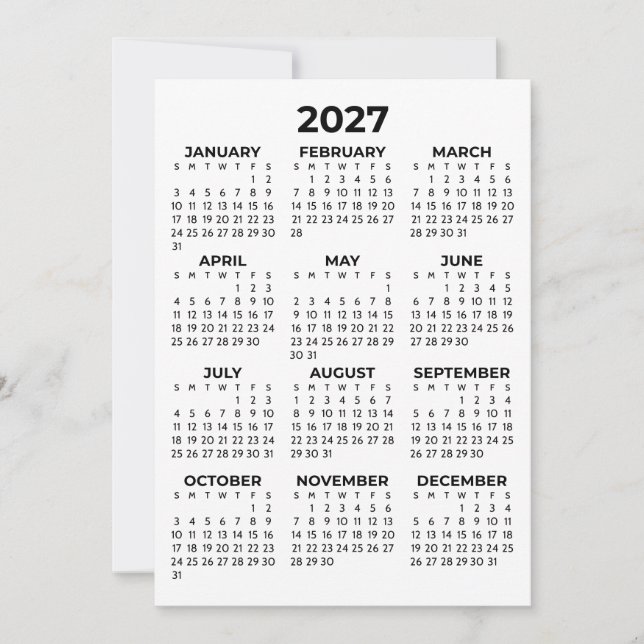 Invitación Calendario básico simple del año completo 2027 (Anverso)