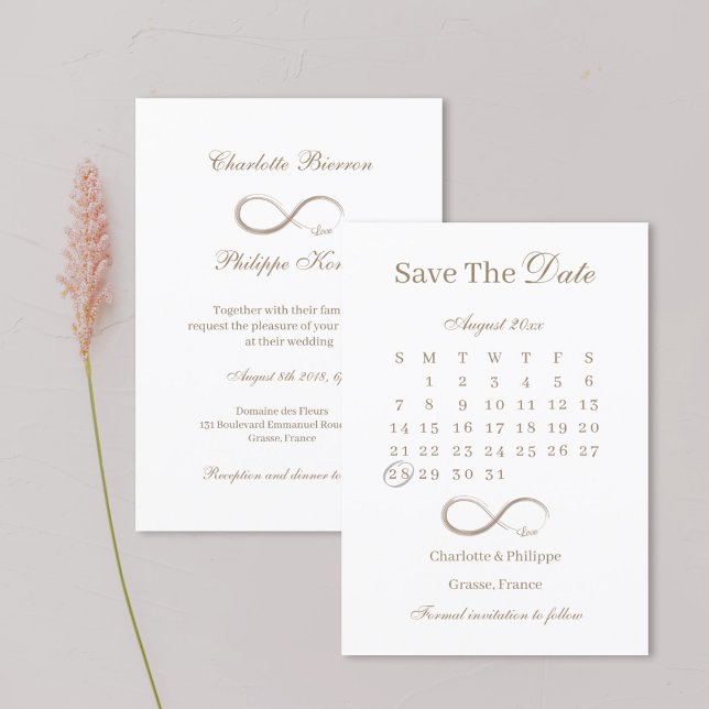 Invitación Calendario blanco dorado infinito Guardar el Boda  (Subido por el creador)