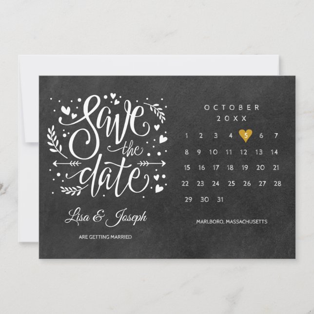 Invitación Calendario Corazón de Oro Rústico Guarden la Fecha (Anverso)