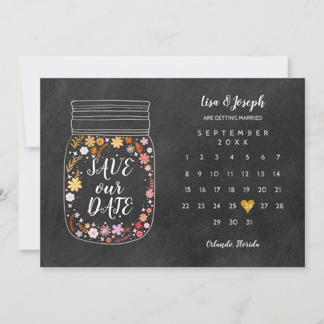 Invitación Calendario Corazón Mason Jar Chalkboard Guardar la (Anverso)