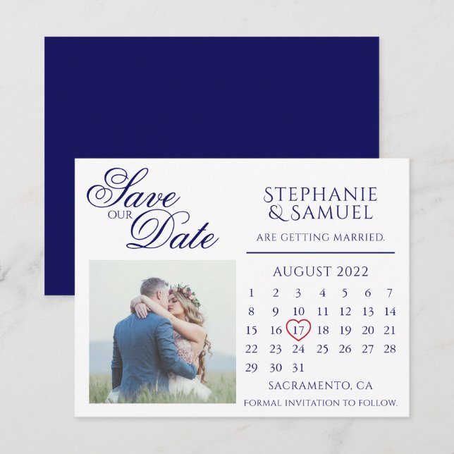 Invitación Calendario de Boda Azul Marino Foto Save the Date  (Anverso / Reverso)