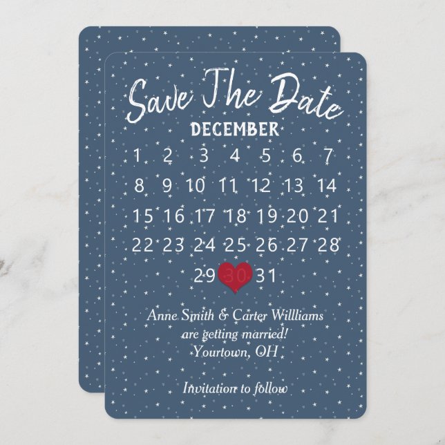 Invitación Calendario de boda con estrellas y copos de nieve  (Anverso / Reverso)