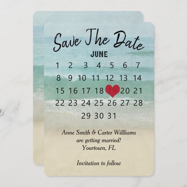Invitación Calendario de boda para guardar la fecha Playa del (Anverso / Reverso)
