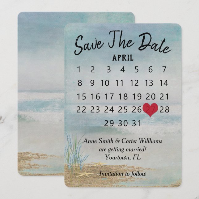 Invitación Calendario de boda para guardar la fecha Playa Est (Anverso / Reverso)