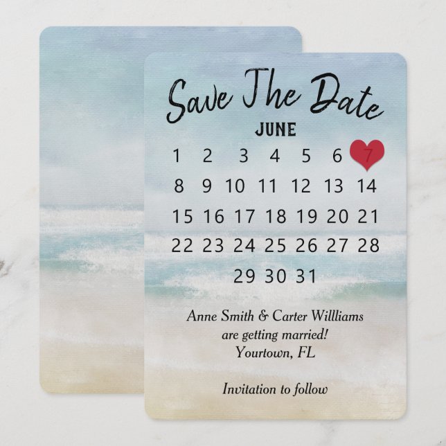 Invitación Calendario de bodas Guardar la fecha Playa del Océ (Anverso / Reverso)