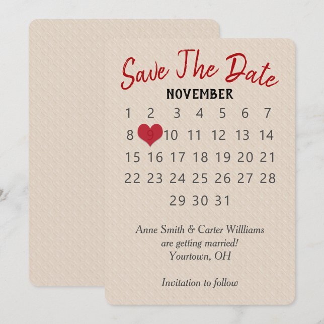 Invitación Calendario de bodas 'Save the Date' con patrón emb (Anverso / Reverso)