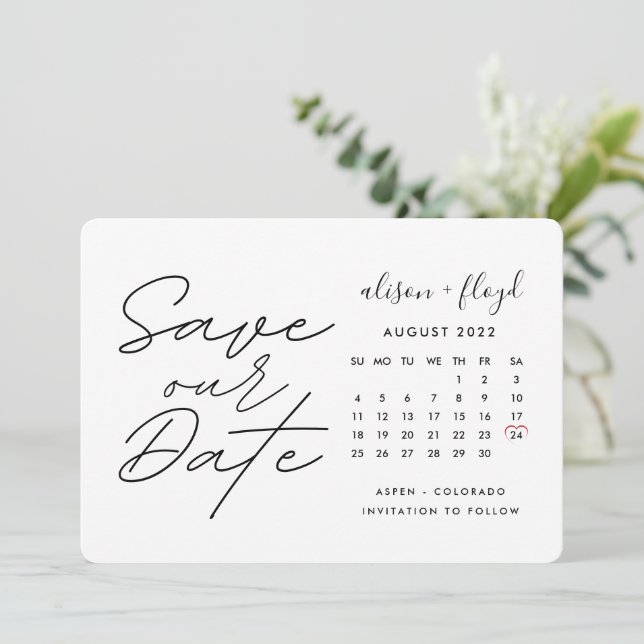 Invitación Calendario de fecha de guardado de escritura blanc (Anverso de pie)