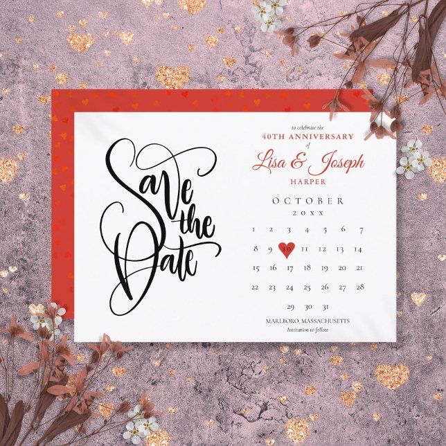 Invitación Calendario de fecha de guardado del 40º aniversari (40th Anniversary Save the Date Calendar Ruby Heart Invitation)