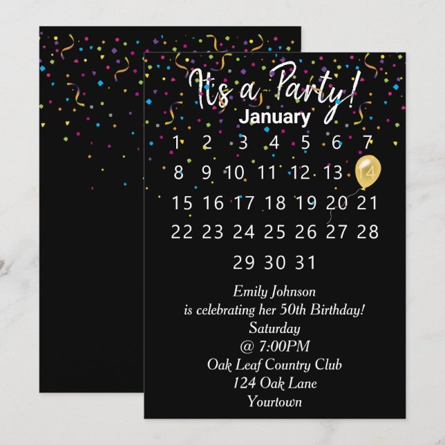 Invitación Calendario de fiestas de cumpleaños con confetti (Anverso / Reverso)