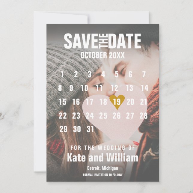 Invitación Calendario de Fotos Guardar la Fecha Amor Corazón  (Anverso)