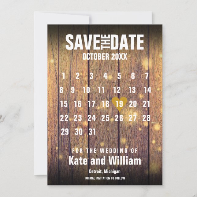 Invitación Calendario de Madera Rústica Guarda la Fecha (Anverso)