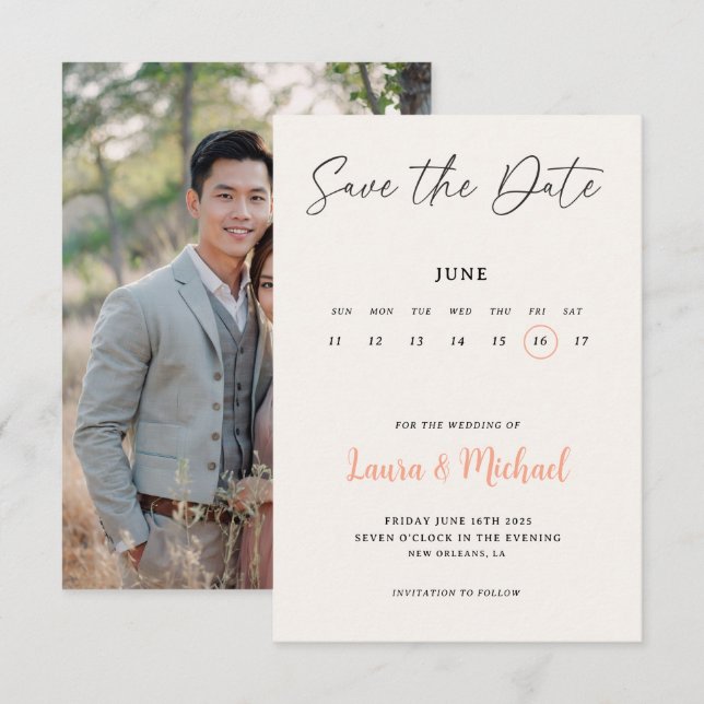Invitación Calendario de moda para guardar la fecha con foto (Anverso / Reverso)
