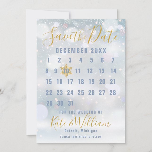 Invitación Calendario de Primeros Copos de Nieve Boda Guardar (Anverso)