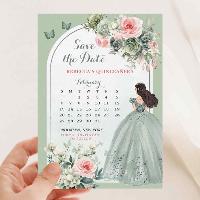 Invitación Calendario de Quince verde rosa y sabio Guardar fe (Subido por el creador)