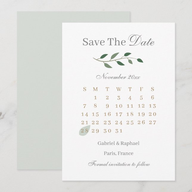Invitación Calendario de verde de Eucalyptus Guardar el Boda  (Anverso / Reverso)