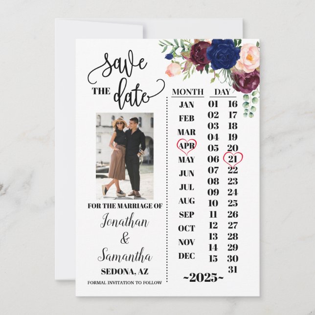 Invitación Calendario fotográfico para salvar la fecha boda d (Anverso)