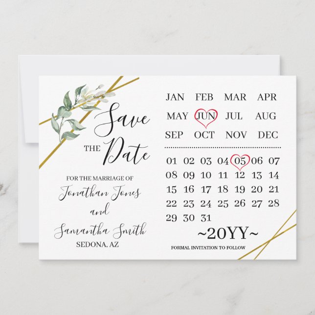 Invitación calendario guardar el día de la boda de Greenery (Anverso)