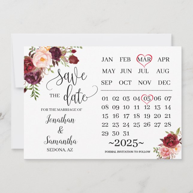 Invitación calendario guardar la fecha del día de la boda de  (Anverso)