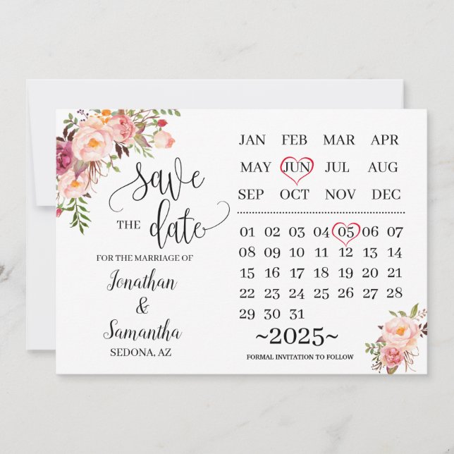 Invitación calendario guardar la fecha Día de la boda floral  (Anverso)