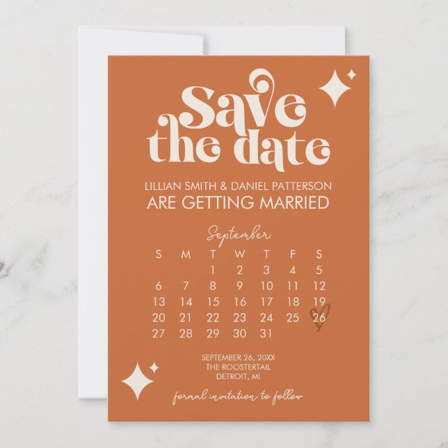 Invitación Calendario Retro de Boda Save The Date (Anverso)