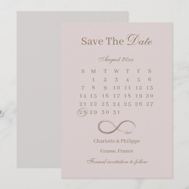 Invitación Calendario Rosa Polvo Infinito Guardar El Boda De  (Anverso / Reverso)
