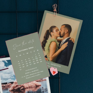 Invitación Calendario verde salvia moderno foto guardar fecha