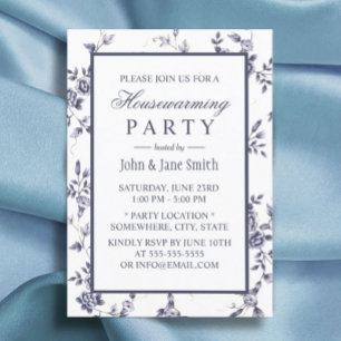 Invitación Calentador de la casa Chinoiserie Azul Floral Blan