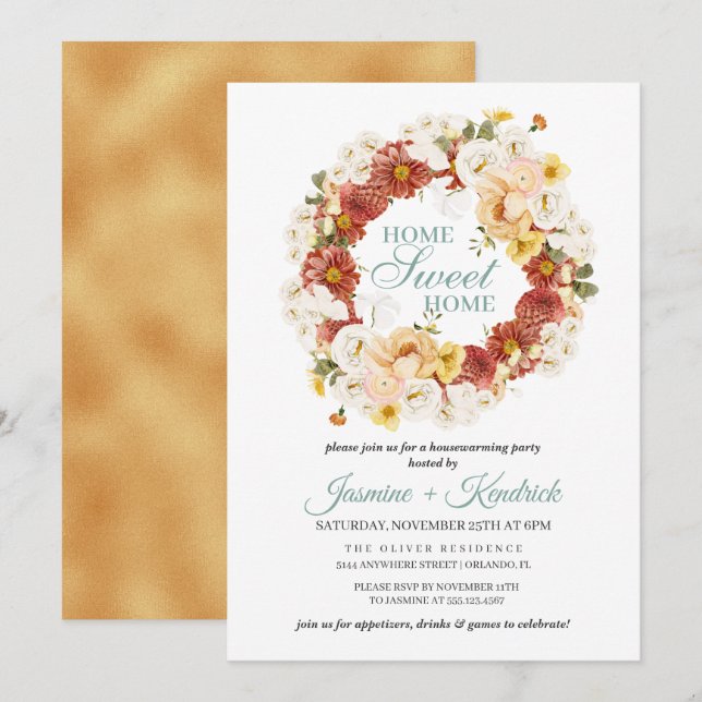 Invitación Calentamiento rústico del hogar de flores de otoño (Anverso / Reverso)