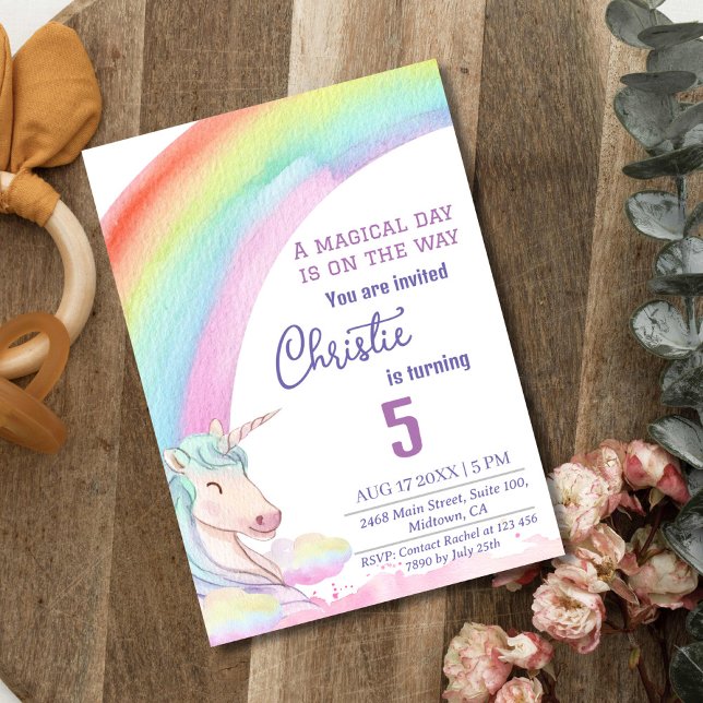 Invitación Cálido arco iris de unicornio moderno 5 años (Subido por el creador)