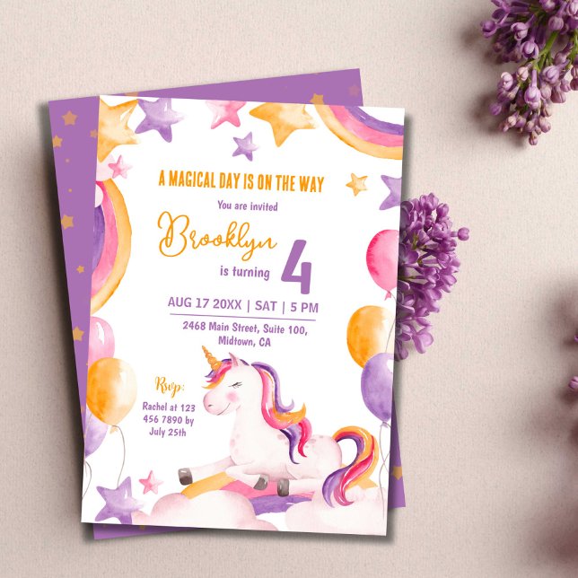 Invitación Cálido arco iris de unicornio moderno de 4 años (Subido por el creador)