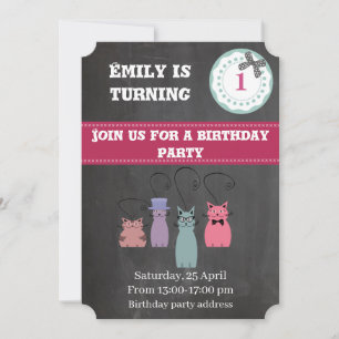 Invitación Cálido y moderno tiza gatos graciosos cumpleaños