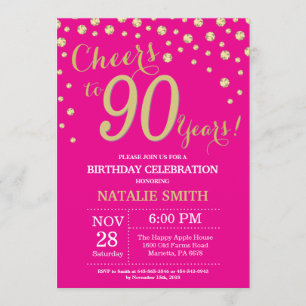 Invitación Caliente rosa y oro Diamante de cumpleaños 90