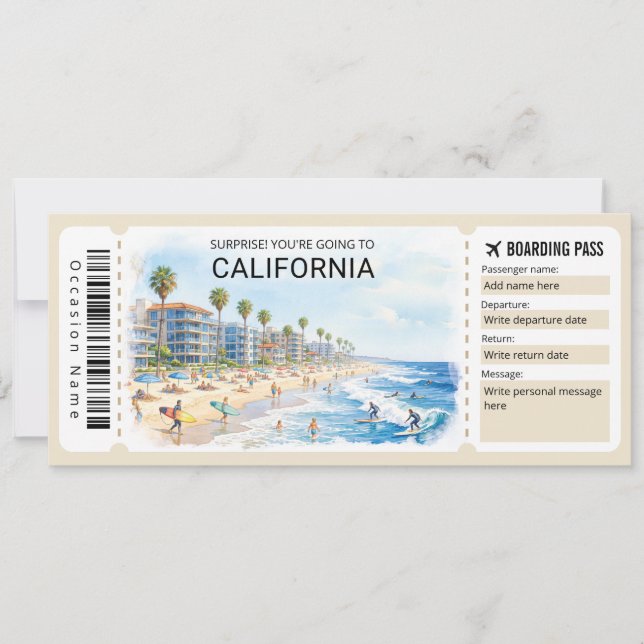 Invitación California Trip Boarding Pass Ticket (Anverso)
