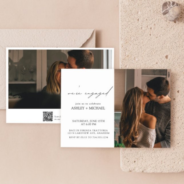 Invitación Caligrafía 2 Foto Partido de compromiso de código  (Easily personalize this engagement party invite with your photos and deets!)