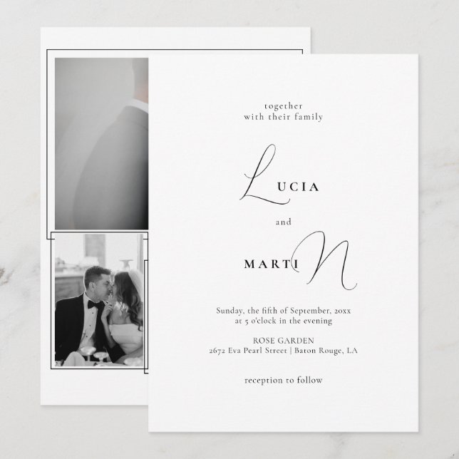 Invitación Caligrafía 3 Foto Boda blanco y negro (Anverso / Reverso)