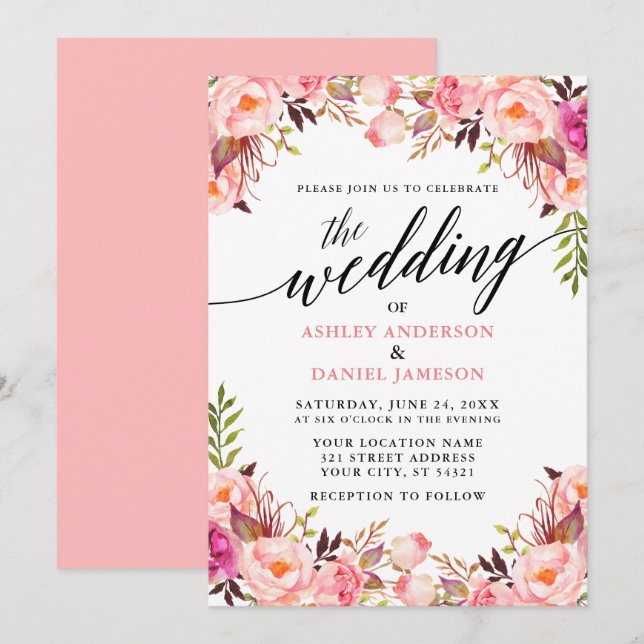Invitación Caligrafía acuarela Boda floral rosa (Anverso / Reverso)