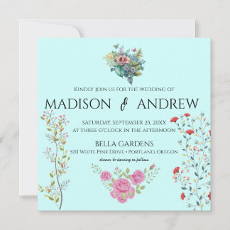 Invitación Caligrafía Acuarela Floral Azul Chic Elegante