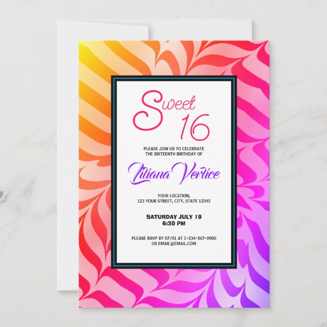 Invitación Caligrafía arcoiris Estripas de tigre psicodélicas (Anverso)