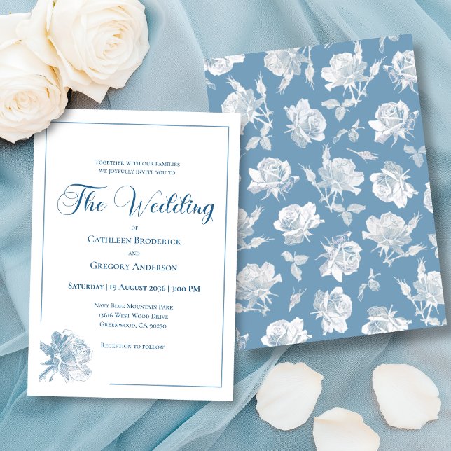 Invitación Caligrafía Arte de Línea Azul Polvoriento Floral B (Subido por el creador)