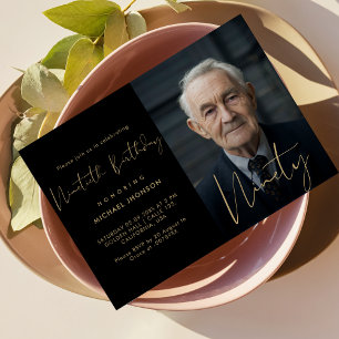 Invitación Caligrafía Black & Gold Ninetieth Photo Birday