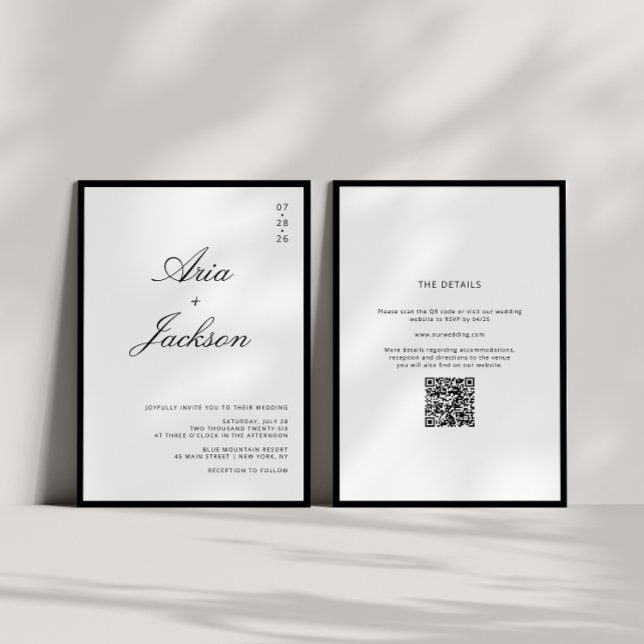 Invitación Caligrafía blanca y negra Boda de código QR modern (Subido por el creador)